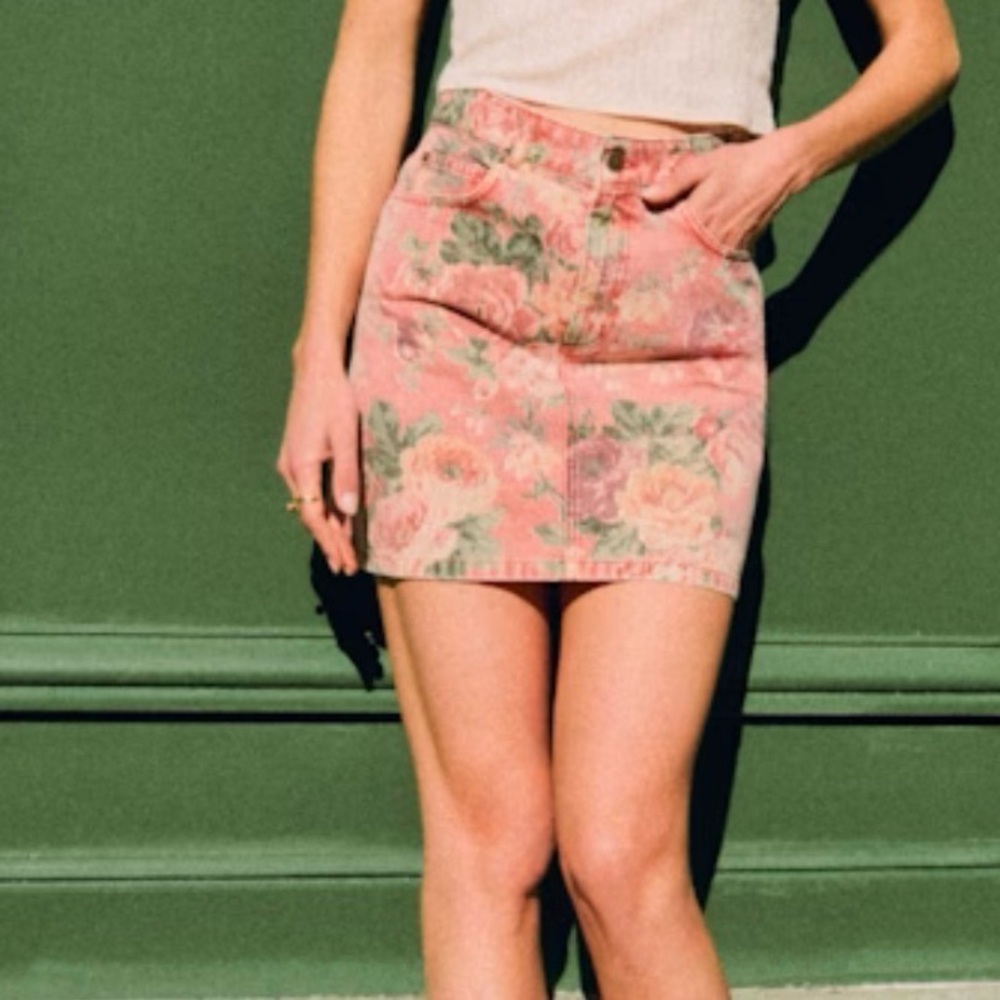 Sezane Floral Mini Skirt in Pink and Green